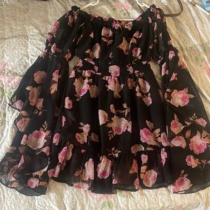 floral, black and pink, long sleeve, flowing arm, flowing dress off the shoulder
